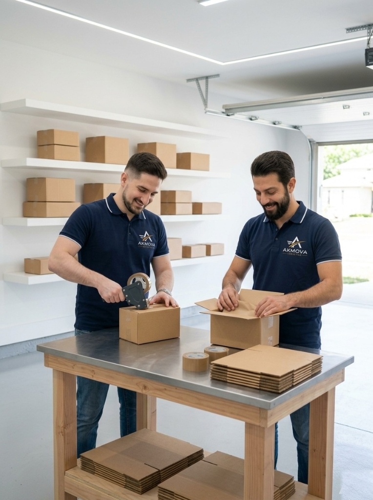 Christos und Umut beim Verpacken und Kommissionieren von Sendungen am Packtisch